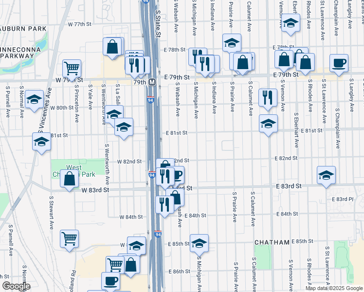 map of restaurants, bars, coffee shops, grocery stores, and more near 8129 South Wabash Avenue in Chicago