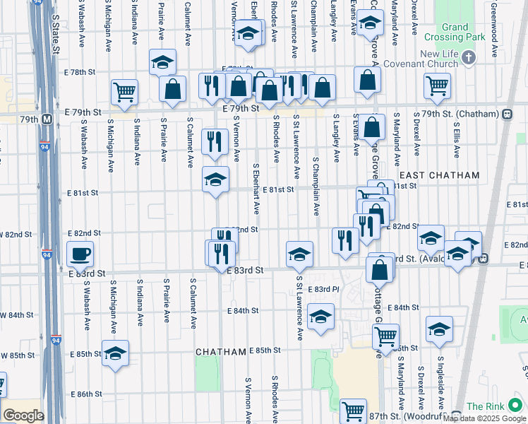 map of restaurants, bars, coffee shops, grocery stores, and more near 8135 South Eberhart Avenue in Chicago