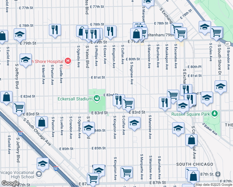 map of restaurants, bars, coffee shops, grocery stores, and more near 8159 South Kingston Avenue in Chicago