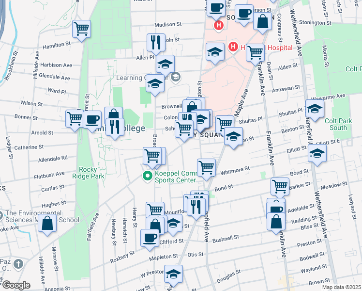 map of restaurants, bars, coffee shops, grocery stores, and more near 44 New Britain Ave in Hartford