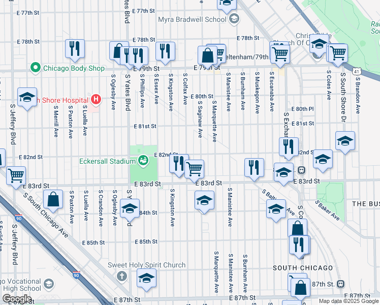 map of restaurants, bars, coffee shops, grocery stores, and more near 2600 East 82nd Street in Chicago