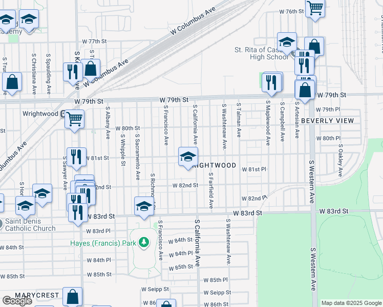 map of restaurants, bars, coffee shops, grocery stores, and more near 2804 West 81st Street in Chicago