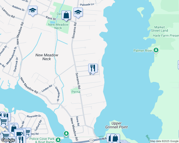 map of restaurants, bars, coffee shops, grocery stores, and more near 25 Wallis Ave in Barrington