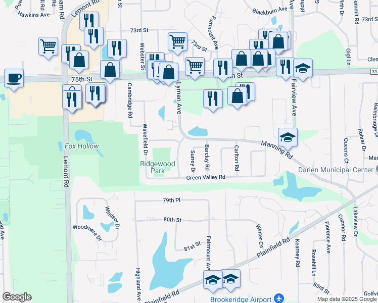 map of restaurants, bars, coffee shops, grocery stores, and more near 7732 Surrey Drive in Darien