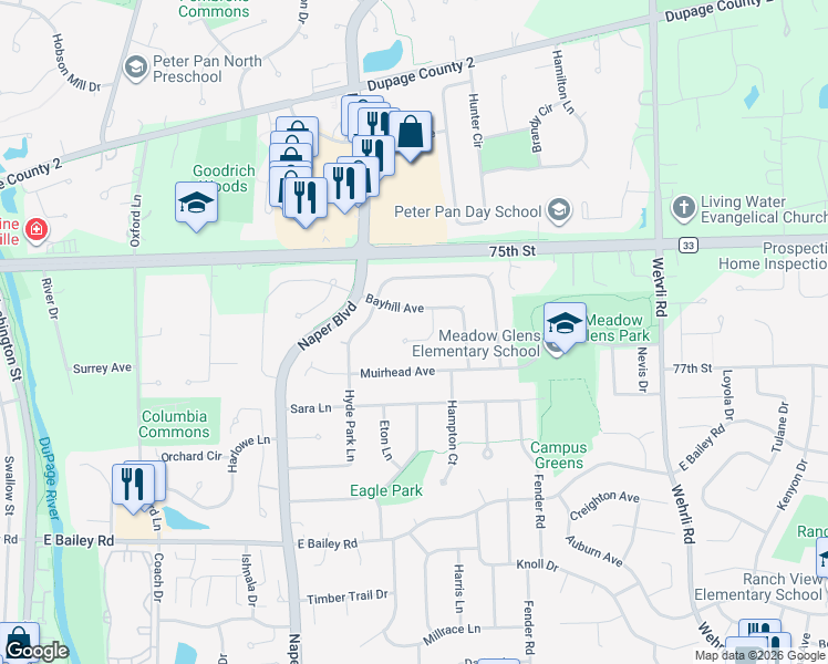 map of restaurants, bars, coffee shops, grocery stores, and more near 1331 Cantigny Court in Naperville