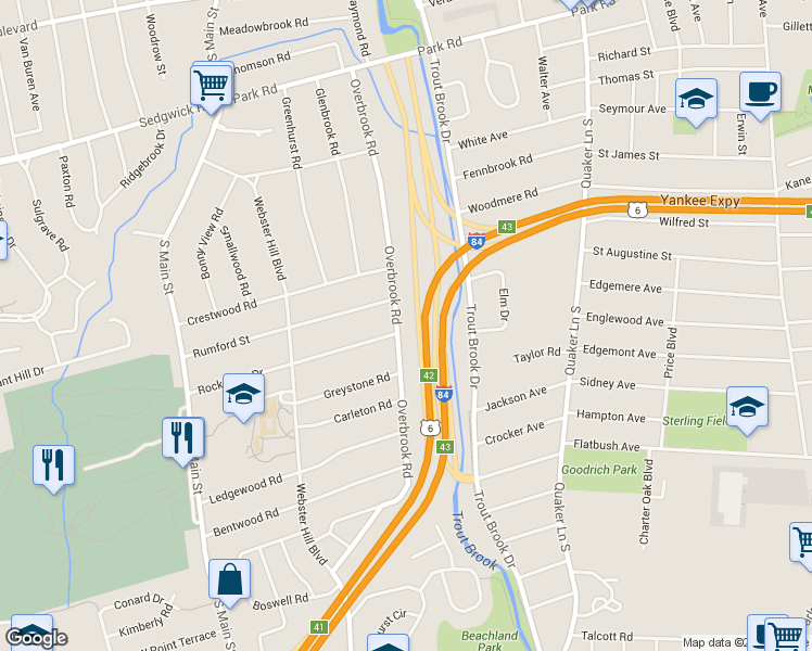 map of restaurants, bars, coffee shops, grocery stores, and more near 112 Overbrook Road in West Hartford