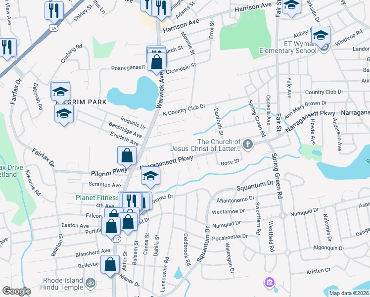 map of restaurants, bars, coffee shops, grocery stores, and more near 75 Hull Street in Warwick