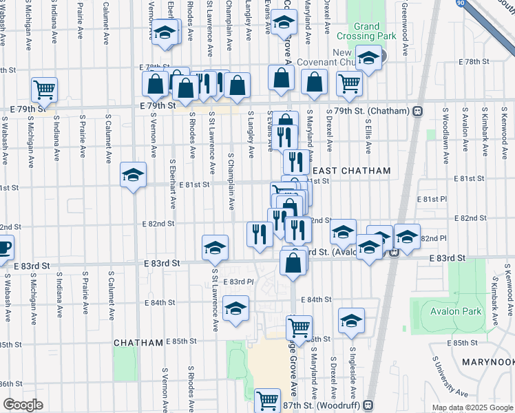map of restaurants, bars, coffee shops, grocery stores, and more near 8137 South Langley Avenue in Chicago