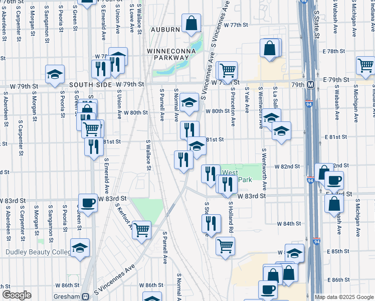 map of restaurants, bars, coffee shops, grocery stores, and more near 8122 South Vincennes Avenue in Chicago