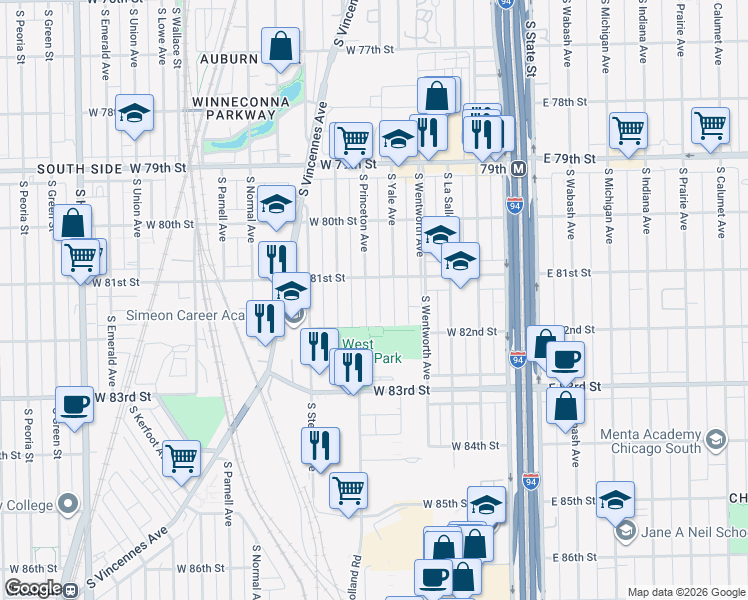 map of restaurants, bars, coffee shops, grocery stores, and more near 8123 South Princeton Avenue in Chicago