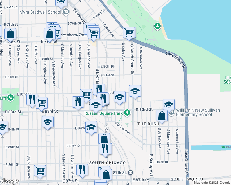 map of restaurants, bars, coffee shops, grocery stores, and more near E 82nd St & S Houston Ave in Chicago