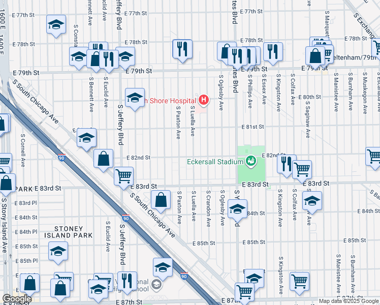 map of restaurants, bars, coffee shops, grocery stores, and more near 8152 South Luella Avenue in Chicago