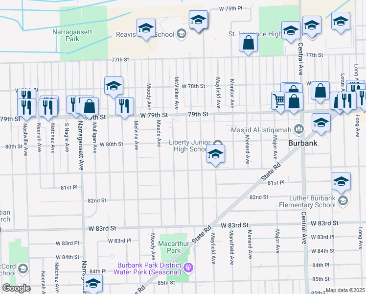 map of restaurants, bars, coffee shops, grocery stores, and more near 8008 Austin Ave in Burbank