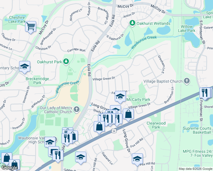 map of restaurants, bars, coffee shops, grocery stores, and more near 470 Cimarron Drive East in Aurora
