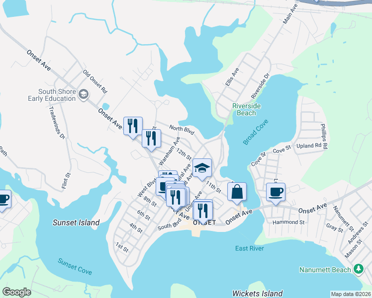 map of restaurants, bars, coffee shops, grocery stores, and more near 10 13th Street in Wareham