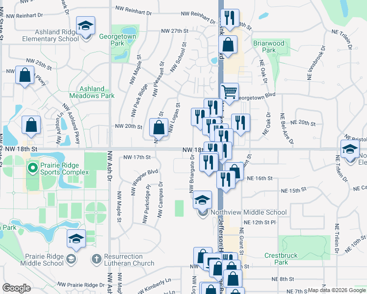map of restaurants, bars, coffee shops, grocery stores, and more near 340 Northwest 18th Street in Ankeny