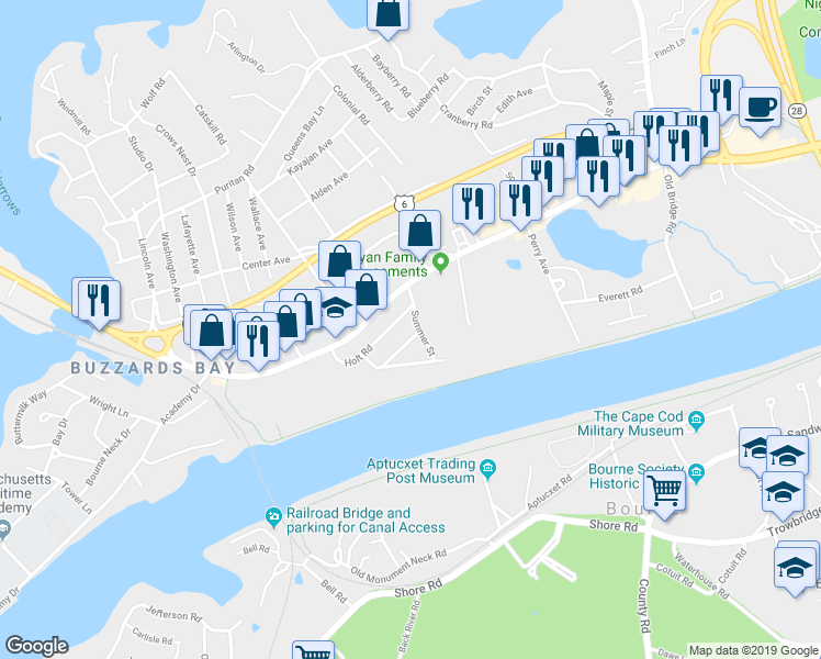 map of restaurants, bars, coffee shops, grocery stores, and more near 25 Thomas Avenue in Bourne