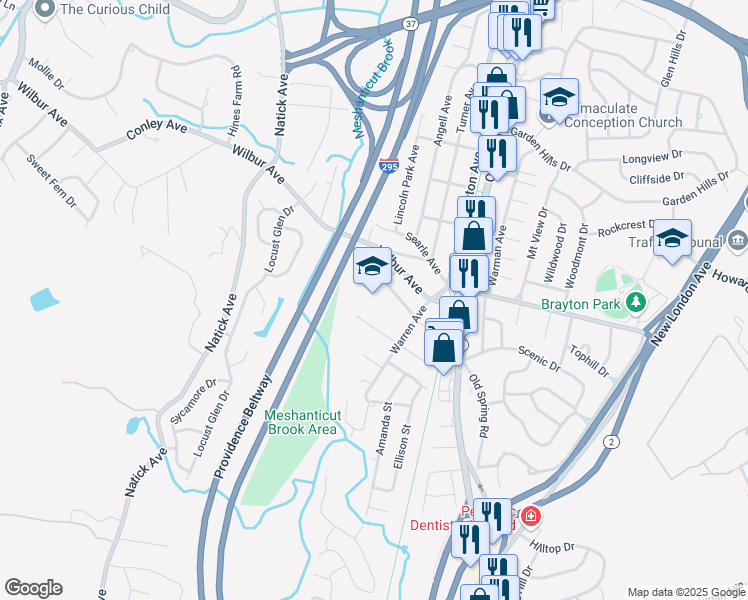 map of restaurants, bars, coffee shops, grocery stores, and more near 36 Stoneham Street in Cranston