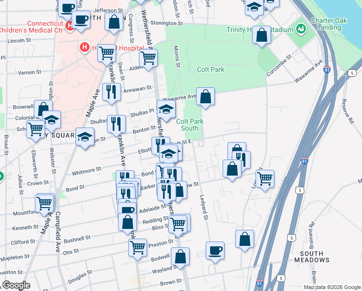 map of restaurants, bars, coffee shops, grocery stores, and more near 23 Elliott Street East in Hartford