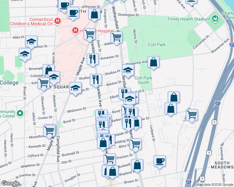 map of restaurants, bars, coffee shops, grocery stores, and more near 22 Elliott Street in Hartford