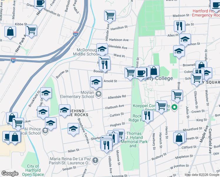 map of restaurants, bars, coffee shops, grocery stores, and more near 72 Catherine Street in Hartford