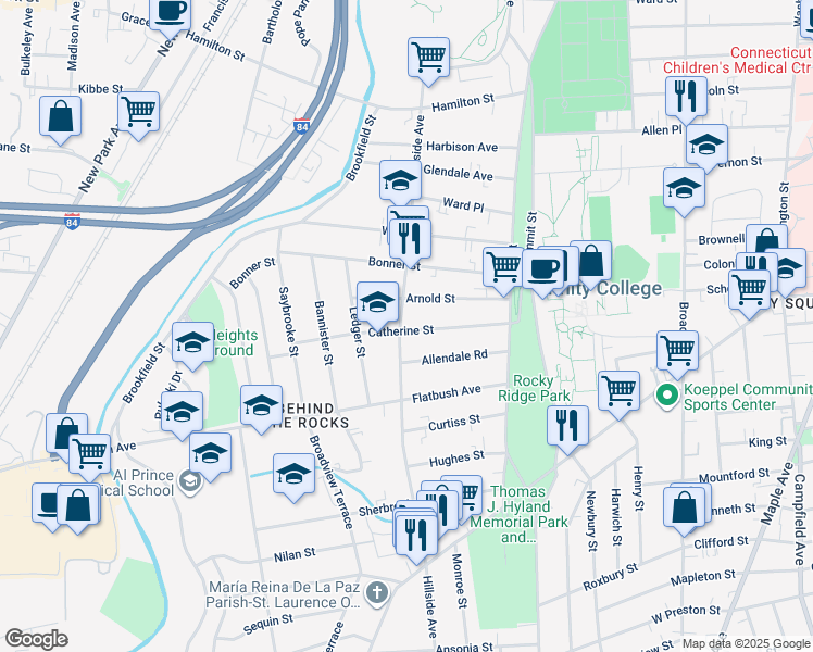 map of restaurants, bars, coffee shops, grocery stores, and more near 72 Catherine Street in Hartford