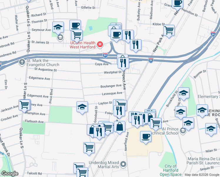 map of restaurants, bars, coffee shops, grocery stores, and more near 37 Boulanger Avenue in West Hartford
