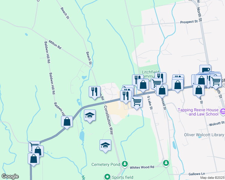 map of restaurants, bars, coffee shops, grocery stores, and more near 2 Millay Court in Litchfield
