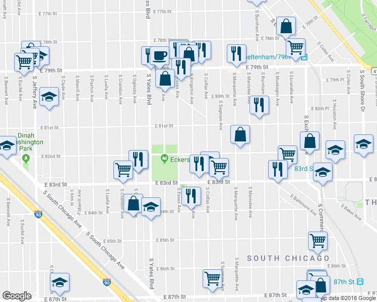 map of restaurants, bars, coffee shops, grocery stores, and more near 8159 South Kingston Avenue in Chicago