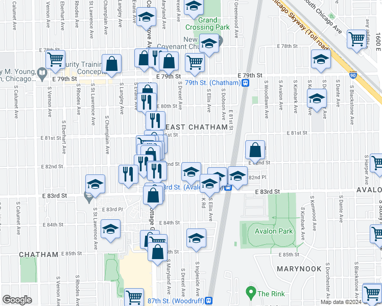 map of restaurants, bars, coffee shops, grocery stores, and more near 8138 South Ingleside Avenue in Chicago