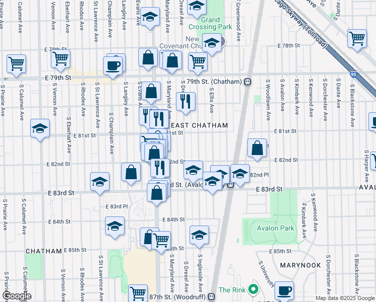 map of restaurants, bars, coffee shops, grocery stores, and more near 8142 South Drexel Avenue in Chicago