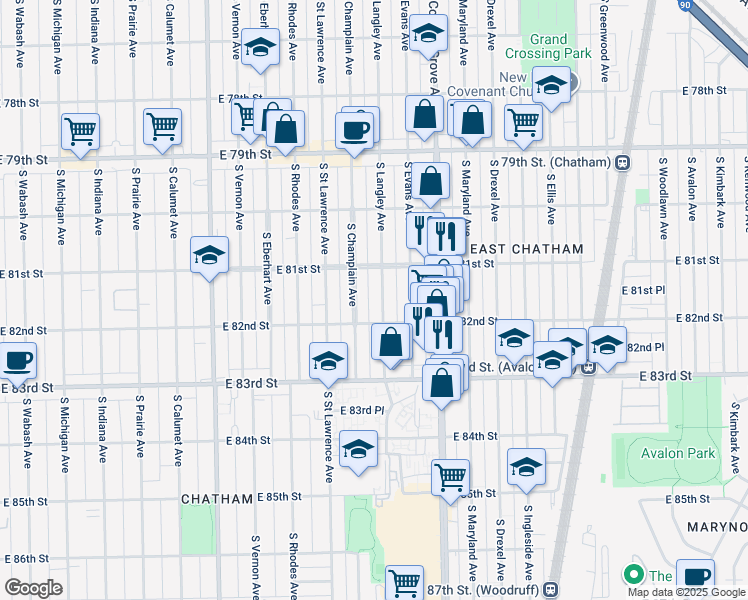 map of restaurants, bars, coffee shops, grocery stores, and more near 8137 South Langley Avenue in Chicago