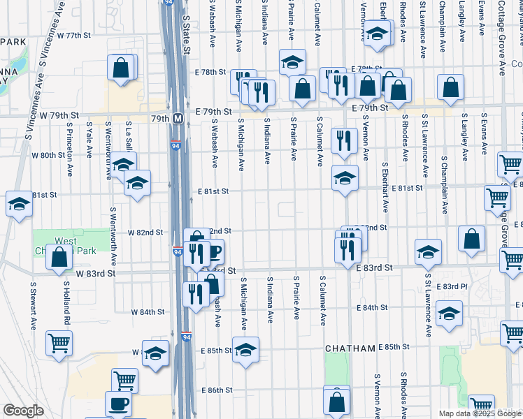 map of restaurants, bars, coffee shops, grocery stores, and more near 8127 South Prairie Park Place in Chicago