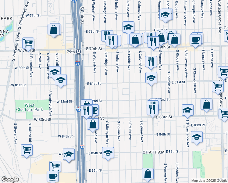map of restaurants, bars, coffee shops, grocery stores, and more near 8127 South Prairie Park Place in Chicago