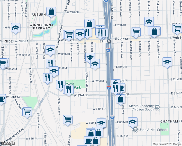 map of restaurants, bars, coffee shops, grocery stores, and more near 8124 South La Salle Street in Chicago