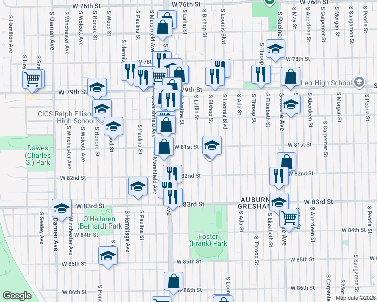 map of restaurants, bars, coffee shops, grocery stores, and more near 1515 West 81st Street in Chicago