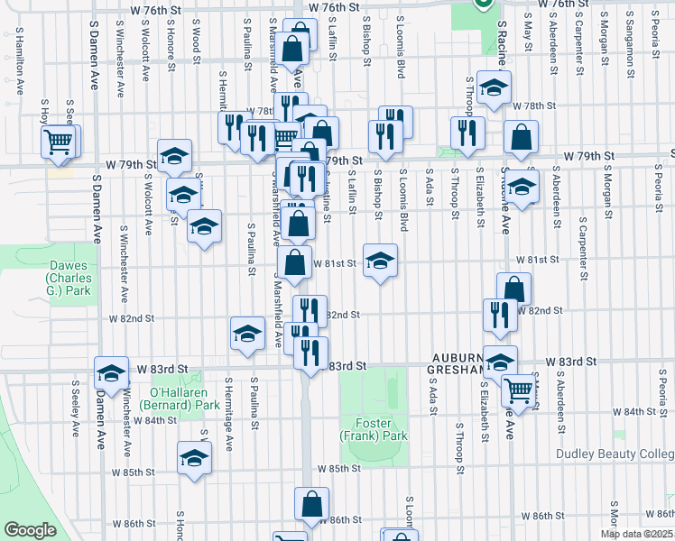 map of restaurants, bars, coffee shops, grocery stores, and more near 1515 West 81st Street in Chicago