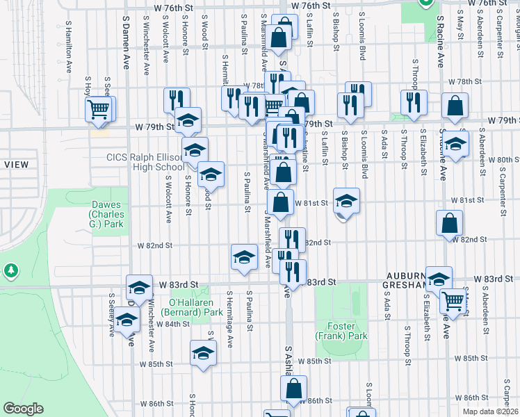 map of restaurants, bars, coffee shops, grocery stores, and more near 8101 South Marshfield Avenue in Chicago