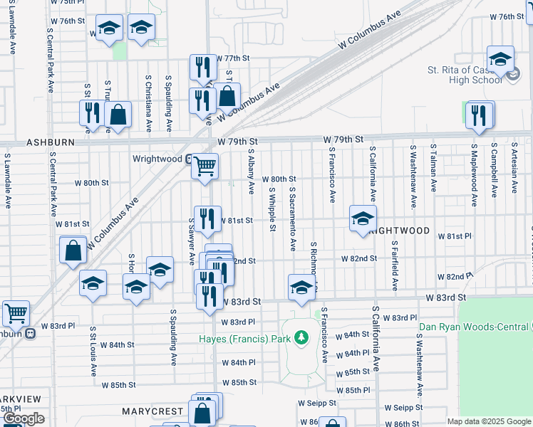 map of restaurants, bars, coffee shops, grocery stores, and more near 8054 South Whipple Street in Chicago