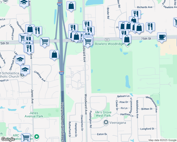 map of restaurants, bars, coffee shops, grocery stores, and more near 7715 Country Club Drive in Woodridge