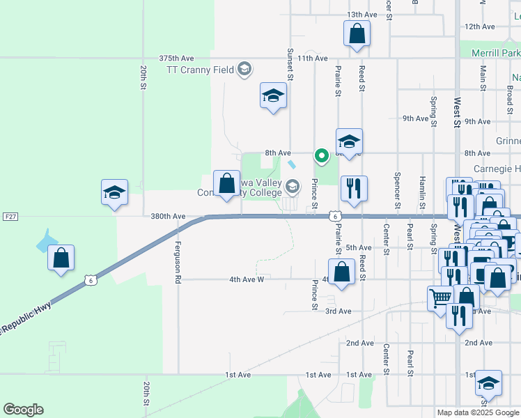 map of restaurants, bars, coffee shops, grocery stores, and more near 229 6th Avenue in Grinnell