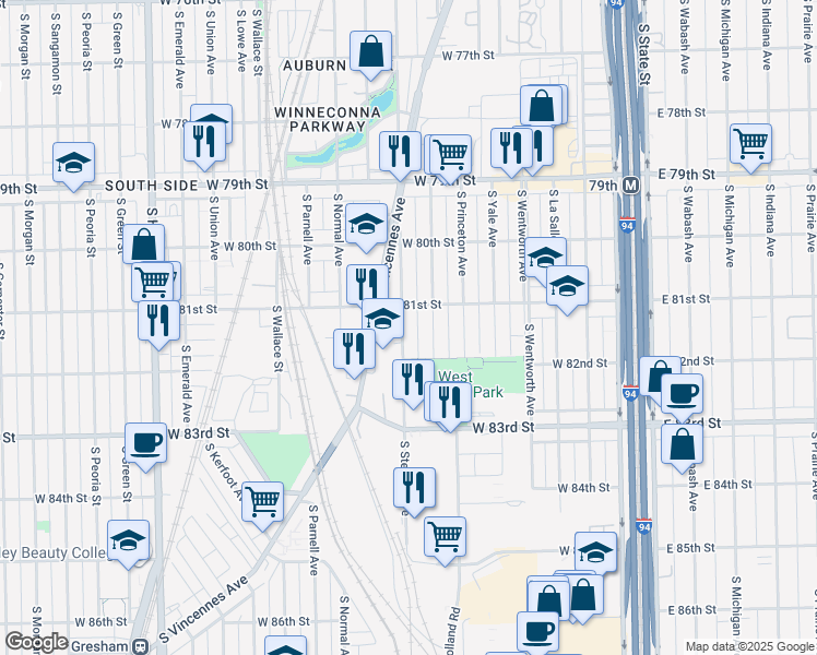 map of restaurants, bars, coffee shops, grocery stores, and more near 8121 South Stewart Avenue in Chicago