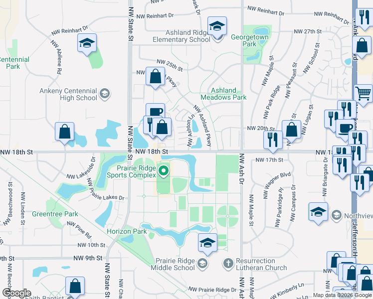map of restaurants, bars, coffee shops, grocery stores, and more near 1804 Northwest Ashton Lane in Ankeny