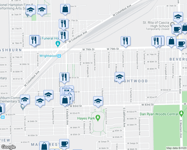 map of restaurants, bars, coffee shops, grocery stores, and more near 8052 South Sacramento Avenue in Chicago
