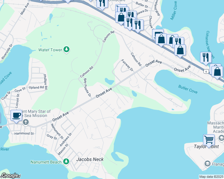 map of restaurants, bars, coffee shops, grocery stores, and more near 70 Onset Avenue in Wareham