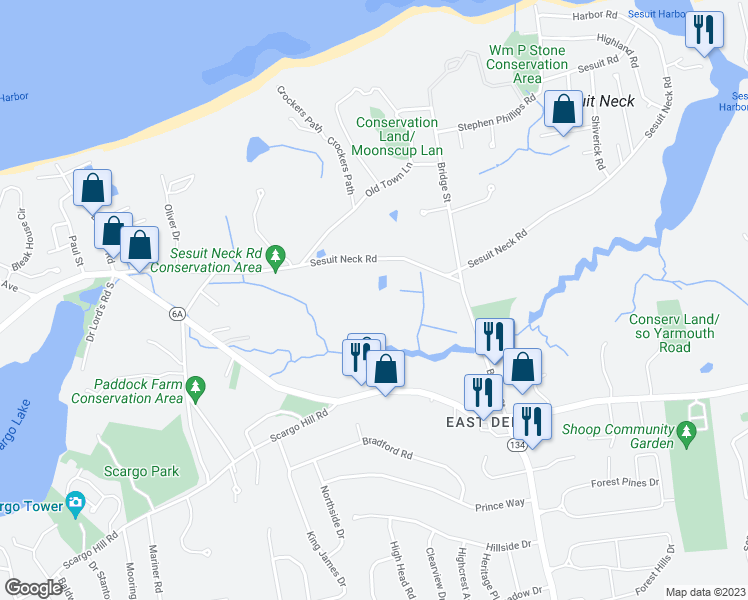 map of restaurants, bars, coffee shops, grocery stores, and more near 159 Sesuit Neck Road in Dennis