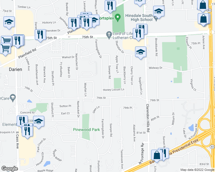 map of restaurants, bars, coffee shops, grocery stores, and more near 7806 Sawyer Road in Darien