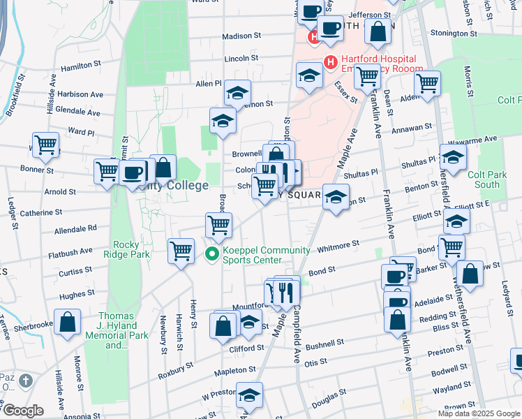 map of restaurants, bars, coffee shops, grocery stores, and more near New Britain Avenue & Ellsworth Street in Hartford