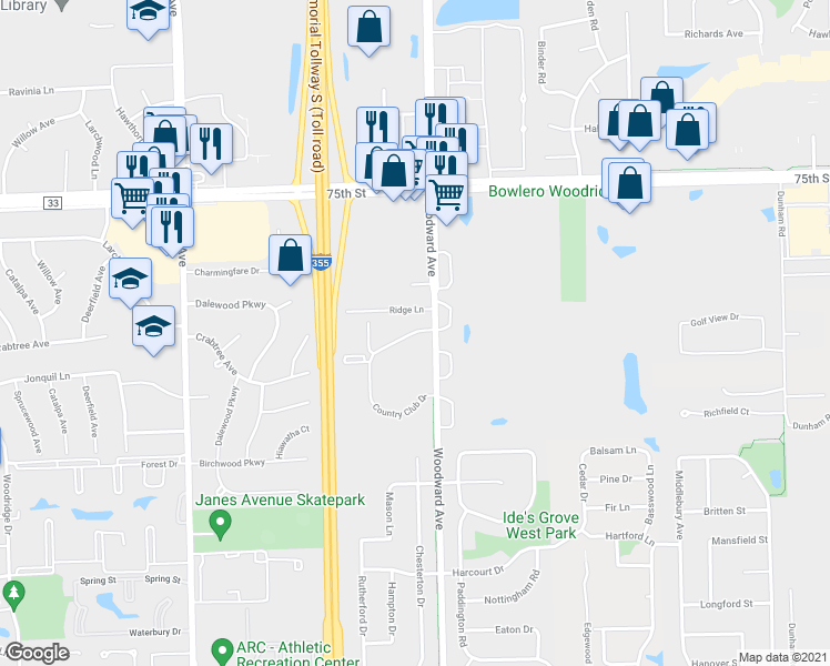 map of restaurants, bars, coffee shops, grocery stores, and more near 2025 Country Club Drive in Woodridge
