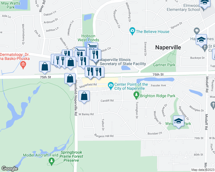 map of restaurants, bars, coffee shops, grocery stores, and more near 845 Havenshire Road in Naperville